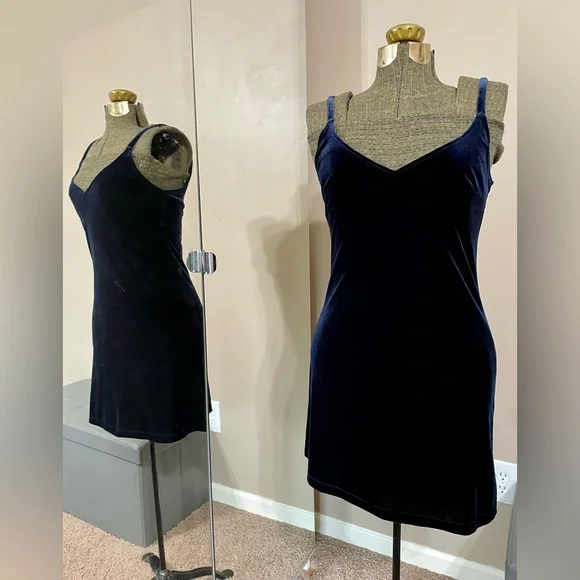 Vintage 90s Navy Velvet Mini Dress Y2K Slip Dress Party Goth Fairy Grunge Size M - Picture 2 of 12